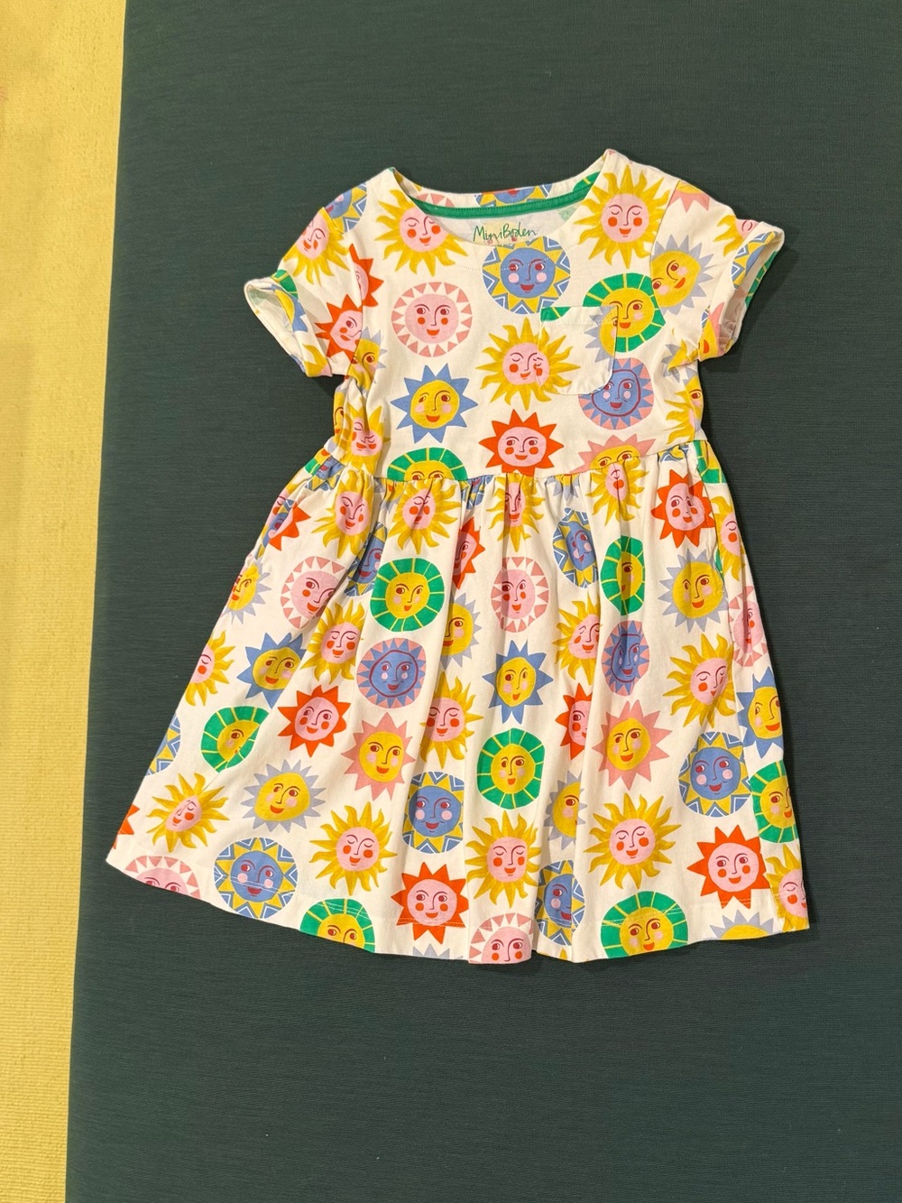 Mini Boden White Cotton Dress with Colorful Sun Faces